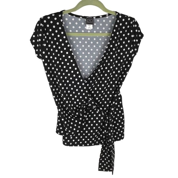 THX Tops - THX Cap-Sleeve Black Polka-Dot V-Neck Wrap Top Sz. S